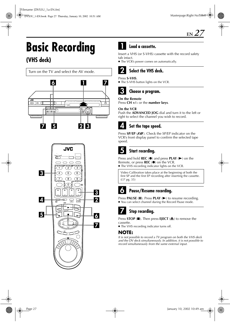 Basic recording, Vhs deck) | JVC HR-DVS3U User Manual | Page 27 / 88