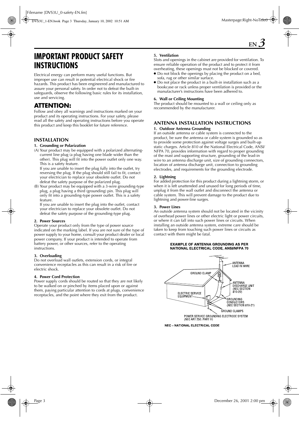 Important product safety instructions, Attention | JVC HR-DVS3U User Manual | Page 3 / 88