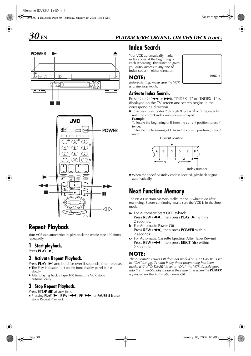 Repeat playback, Index search, Playback/recording on vhs deck (cont.) | Start playback, Activate repeat playback, Stop repeat playback, Activate index search | JVC HR-DVS3U User Manual | Page 30 / 88