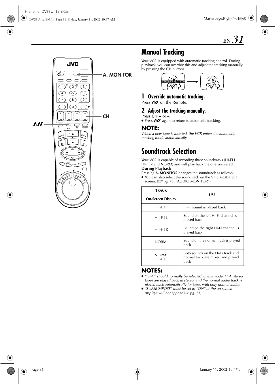 Manual tracking, Soundtrack selection, Override automatic tracking | Adjust the tracking manually | JVC HR-DVS3U User Manual | Page 31 / 88