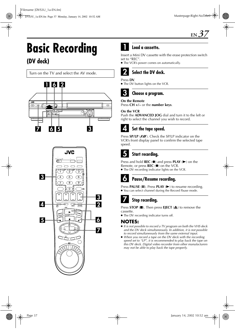 Basic recording, Dv deck) | JVC HR-DVS3U User Manual | Page 37 / 88