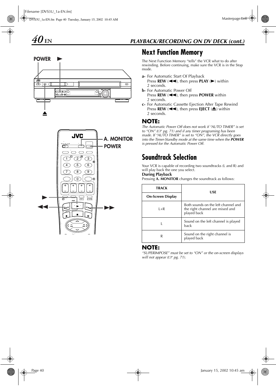 Soundtrack selection, Playback/recording on dv deck (cont.) | JVC HR-DVS3U User Manual | Page 40 / 88