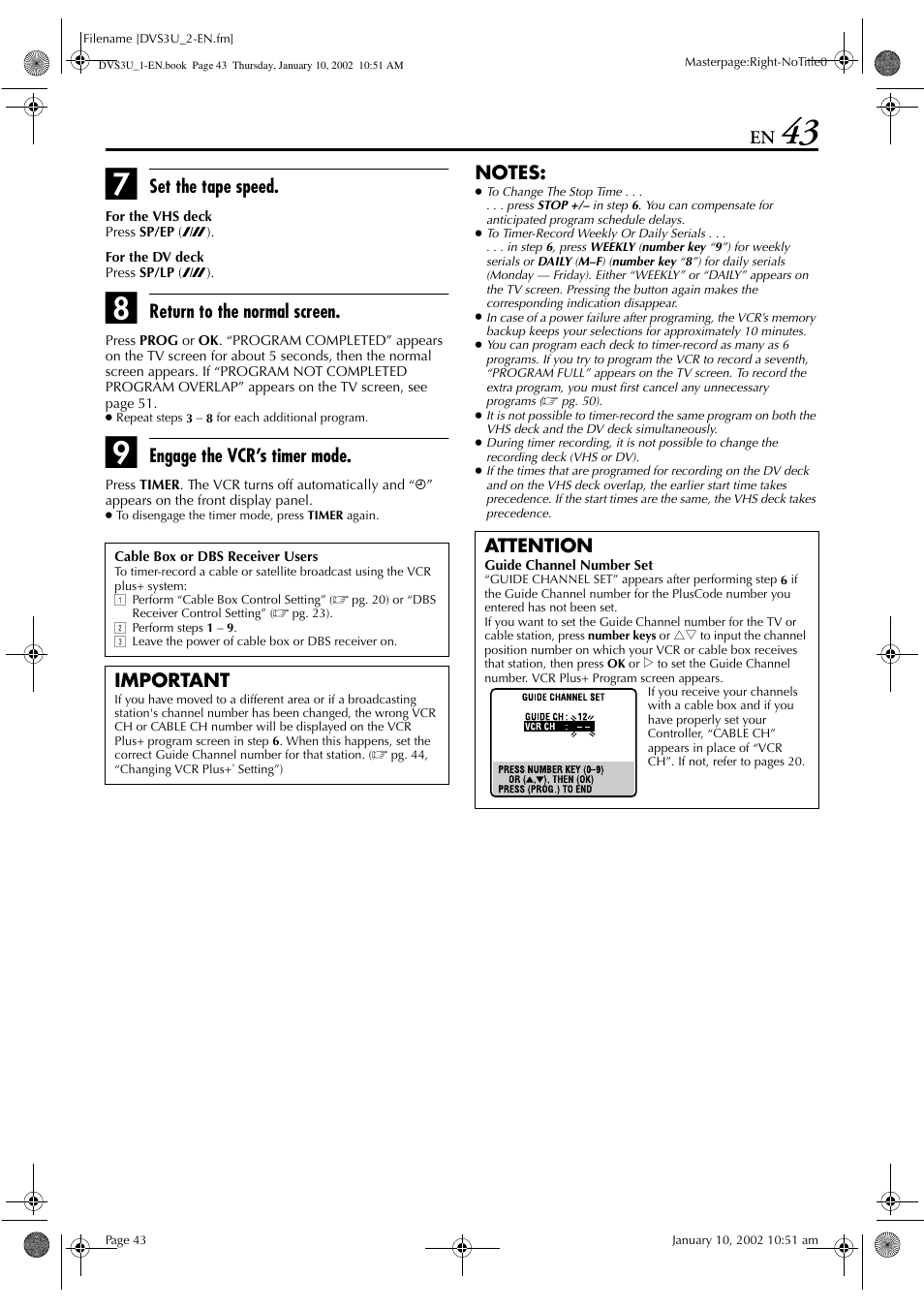 Set the tape speed, Return to the normal screen, Engage the vcr’s timer mode | Important, Attention | JVC HR-DVS3U User Manual | Page 43 / 88