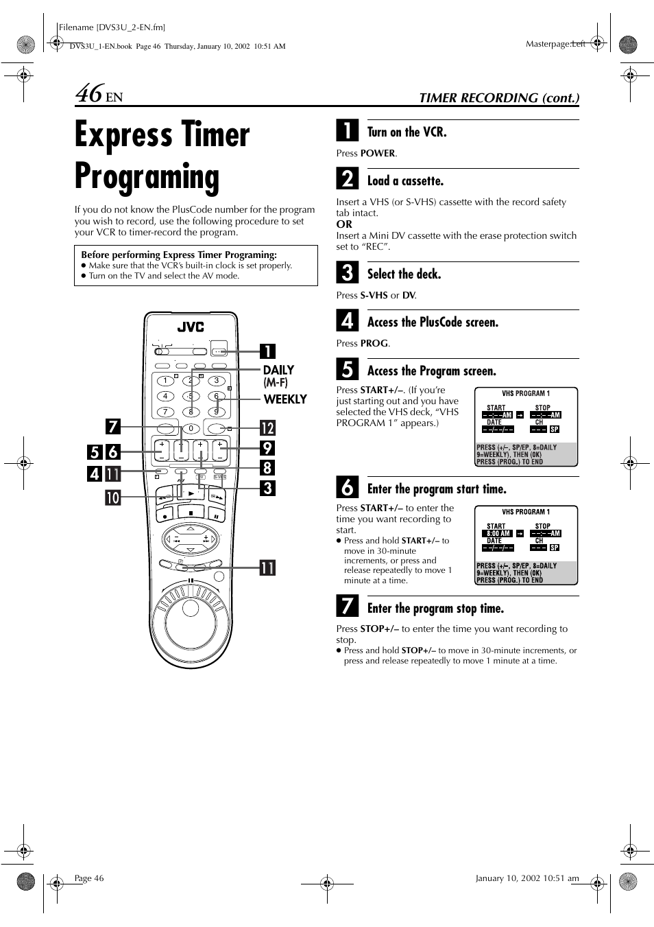 Express timer programing | JVC HR-DVS3U User Manual | Page 46 / 88