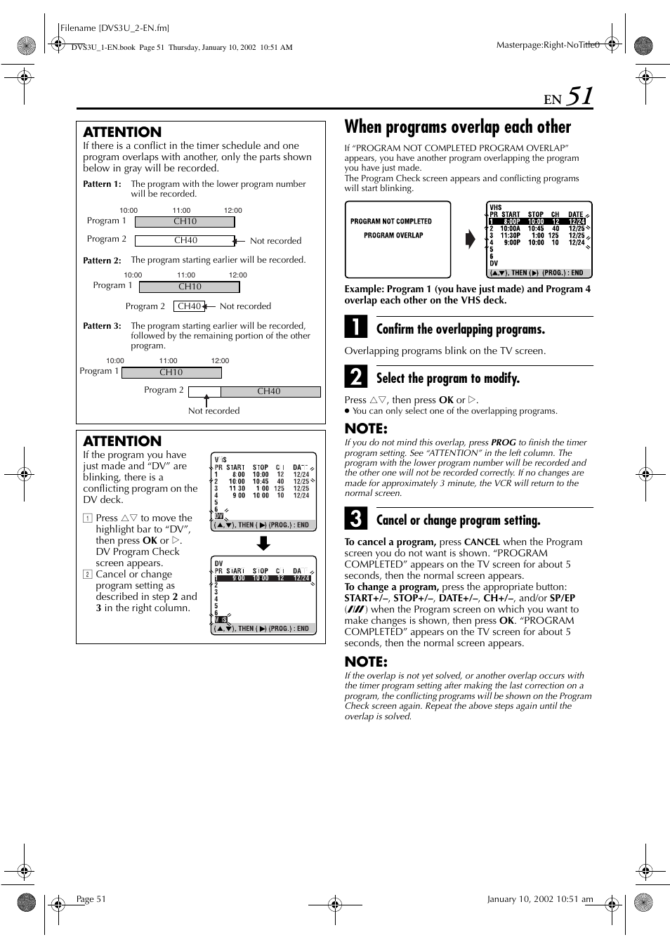 When programs overlap each other, Confirm the overlapping programs, Select the program to modify | Cancel or change program setting, Attention | JVC HR-DVS3U User Manual | Page 51 / 88