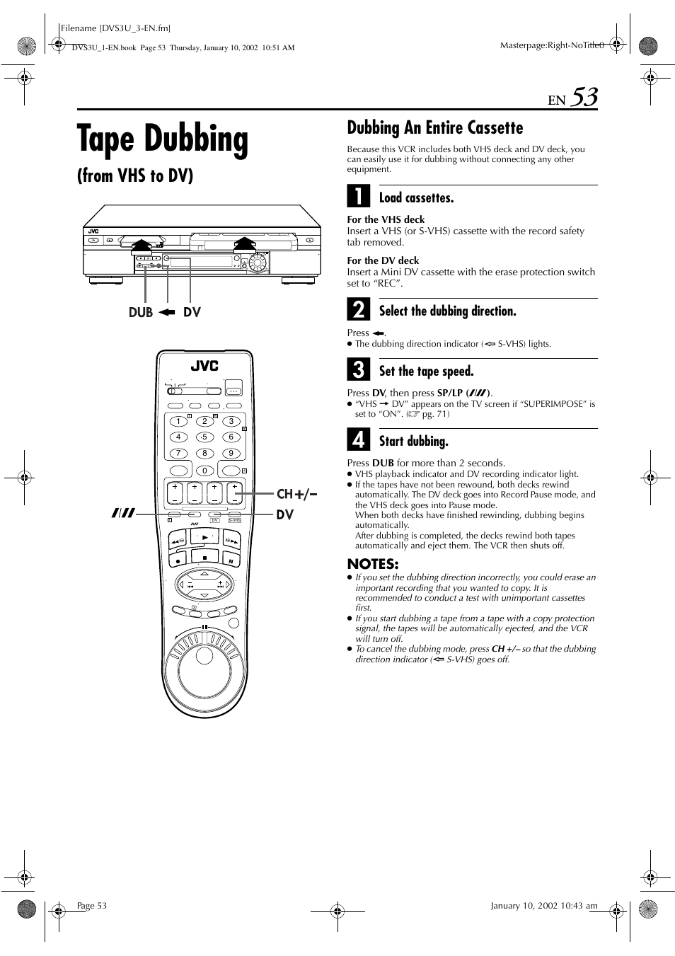 Tape dubbing, Load cassettes, Select the dubbing direction | Set the tape speed, Start dubbing | JVC HR-DVS3U User Manual | Page 53 / 88