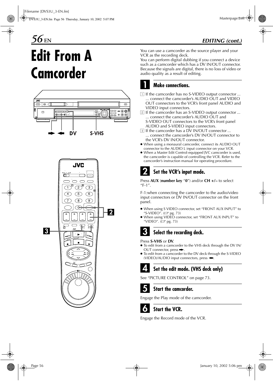 Edit from a camcorder | JVC HR-DVS3U User Manual | Page 56 / 88