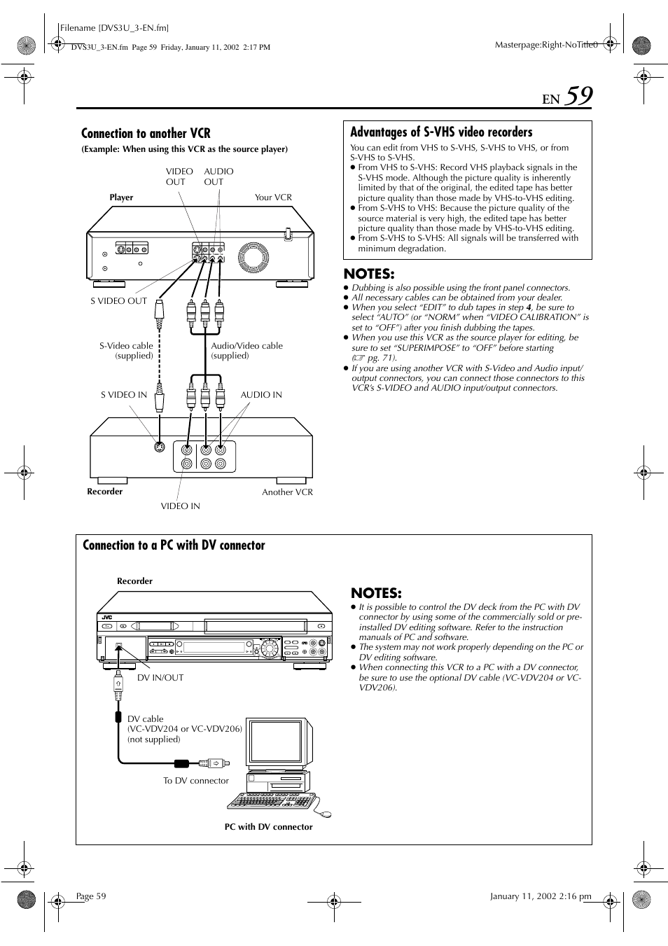 Connection to another vcr, Advantages of s-vhs video recorders, Connection to a pc with dv connector | JVC HR-DVS3U User Manual | Page 59 / 88