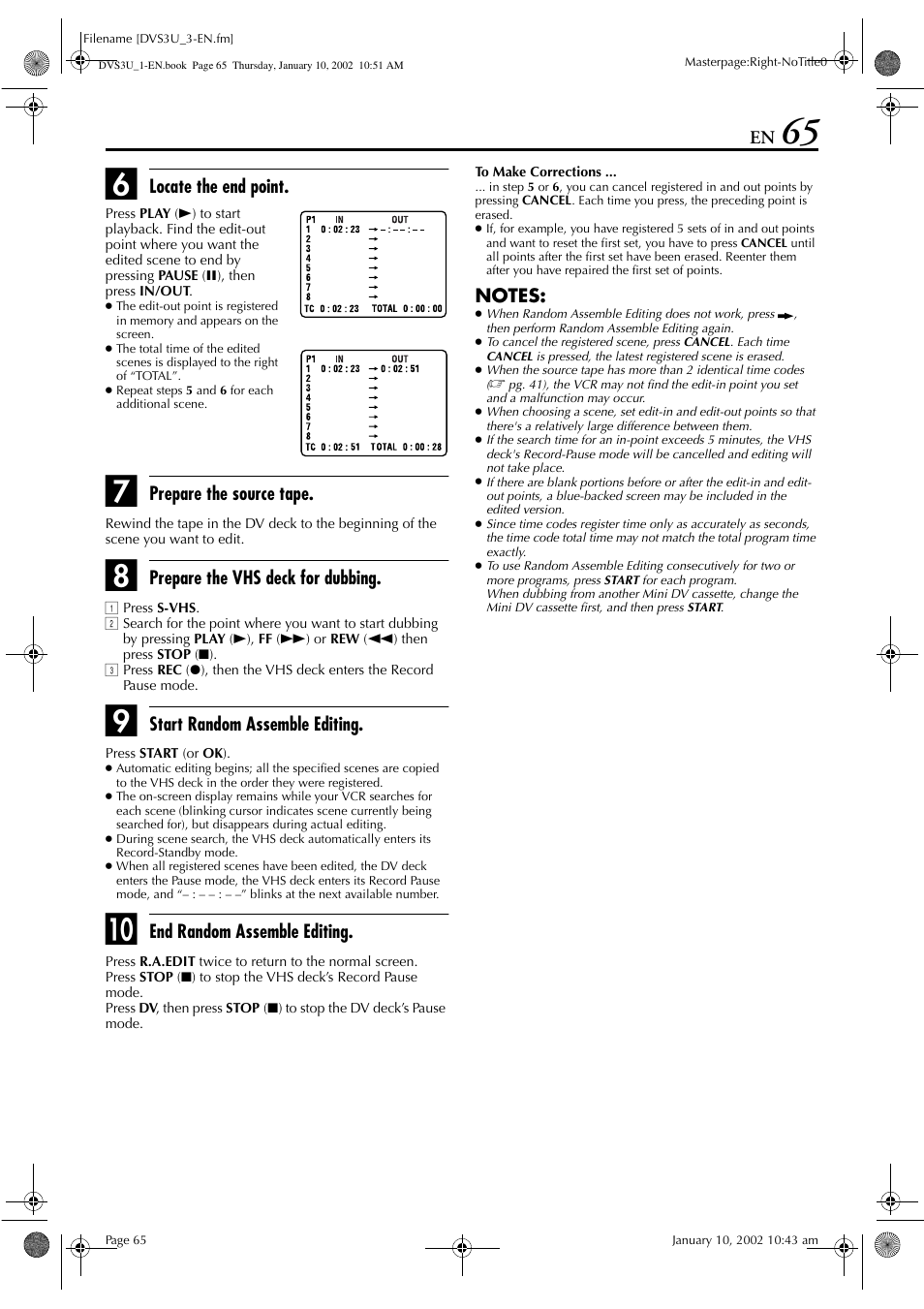 Locate the end point, Prepare the source tape, Prepare the vhs deck for dubbing | Start random assemble editing, End random assemble editing | JVC HR-DVS3U User Manual | Page 65 / 88