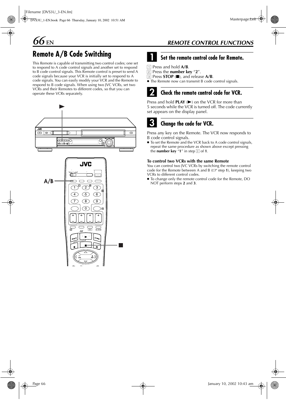 Remote a/b code switching, Remote control functions, Set the remote control code for remote | Check the remote control code for vcr, Change the code for vcr | JVC HR-DVS3U User Manual | Page 66 / 88