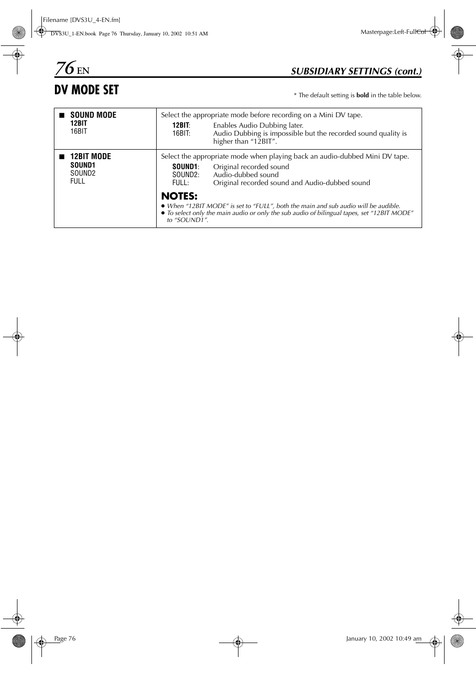 Dv mode set, Subsidiary settings (cont.) | JVC HR-DVS3U User Manual | Page 76 / 88