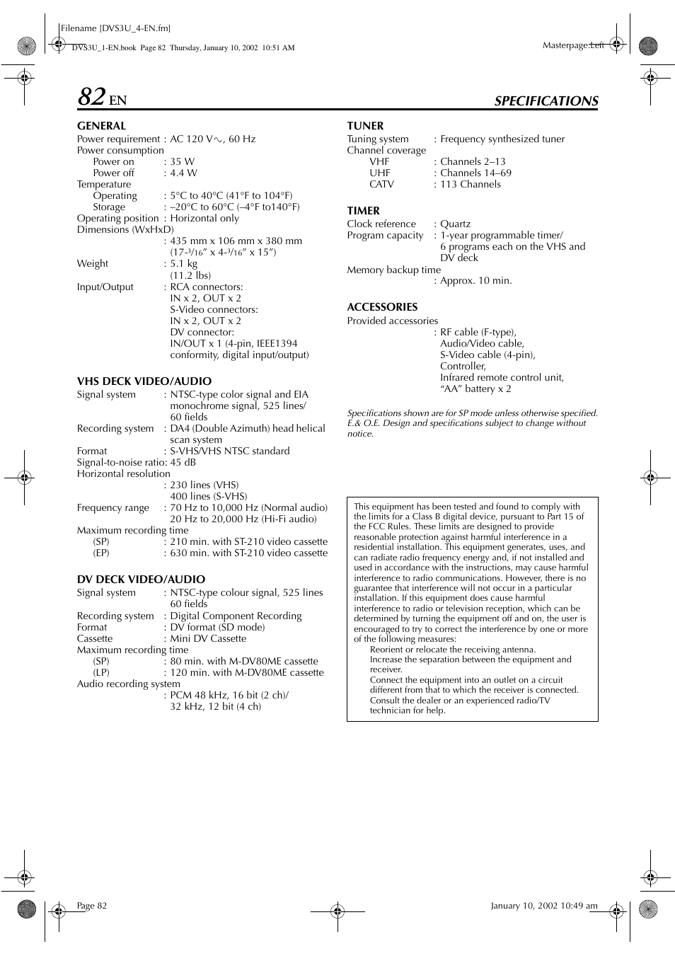 Specifications | JVC HR-DVS3U User Manual | Page 82 / 88