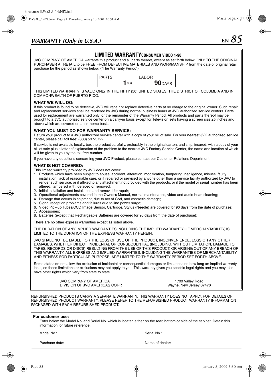 Warranty (only in u.s.a.), Limited warranty | JVC HR-DVS3U User Manual | Page 85 / 88