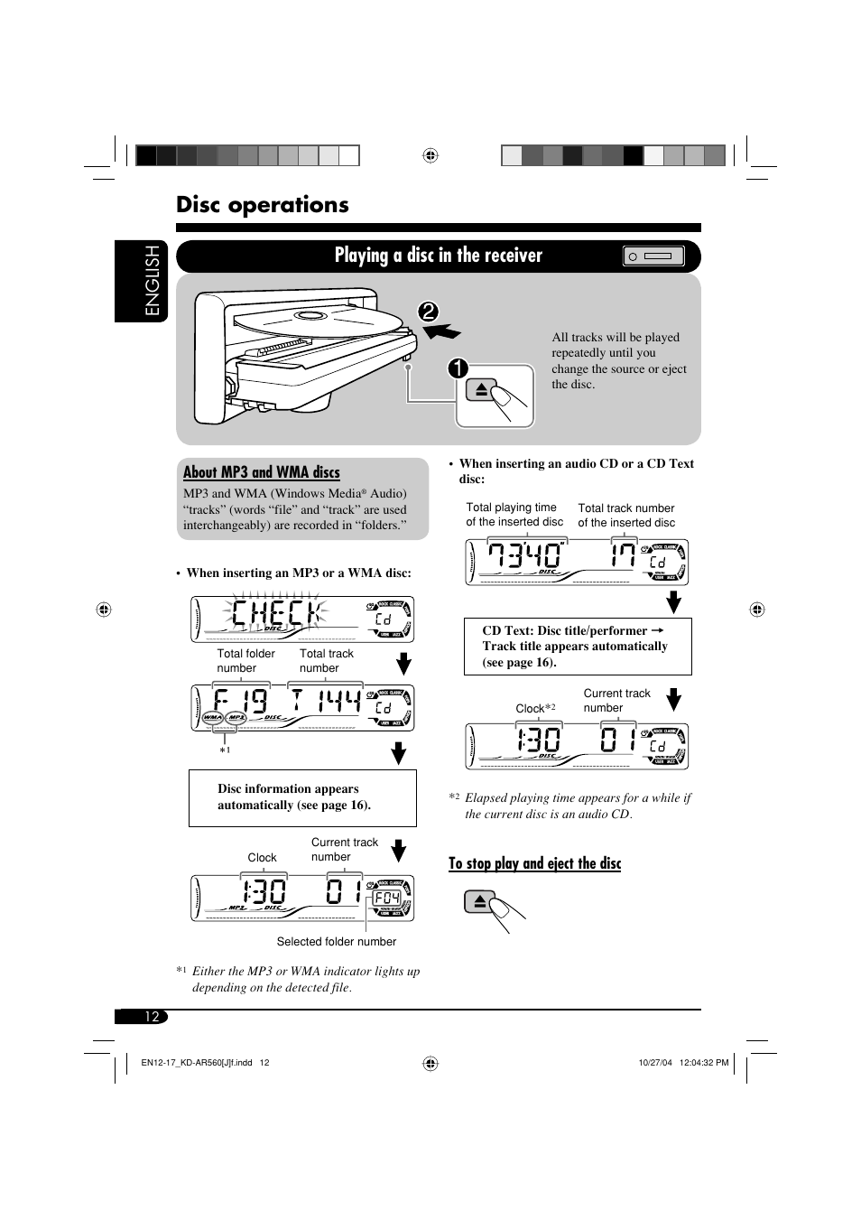 Disc operations, Playing a disc in the receiver, English | About mp3 and wma discs | JVC KD-G510 User Manual | Page 12 / 40
