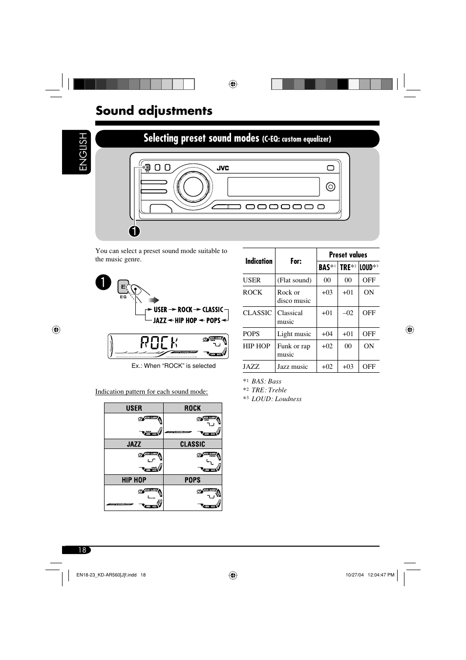 Sound adjustments, Selecting preset sound modes, English | JVC KD-G510 User Manual | Page 18 / 40