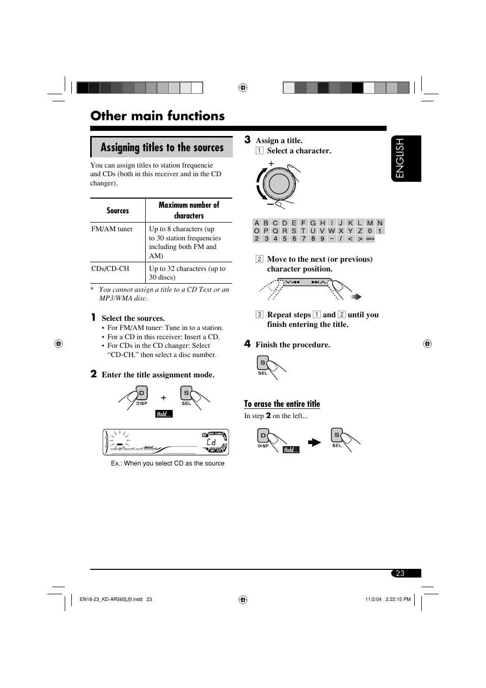 Other main functions, Assigning titles to the sources, English | JVC KD-G510 User Manual | Page 23 / 40