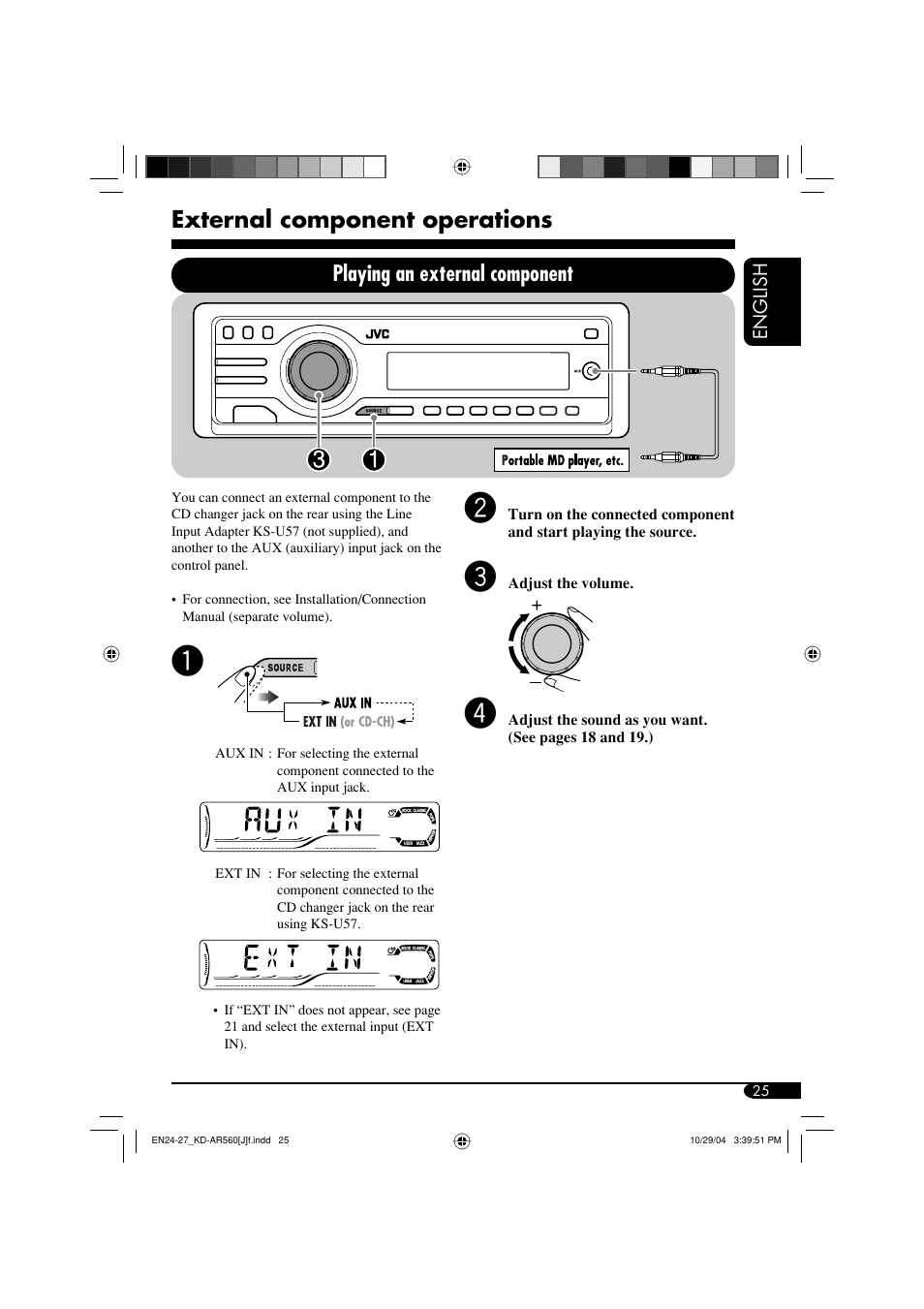 External component operations, Playing an external component | JVC KD-G510 User Manual | Page 25 / 40