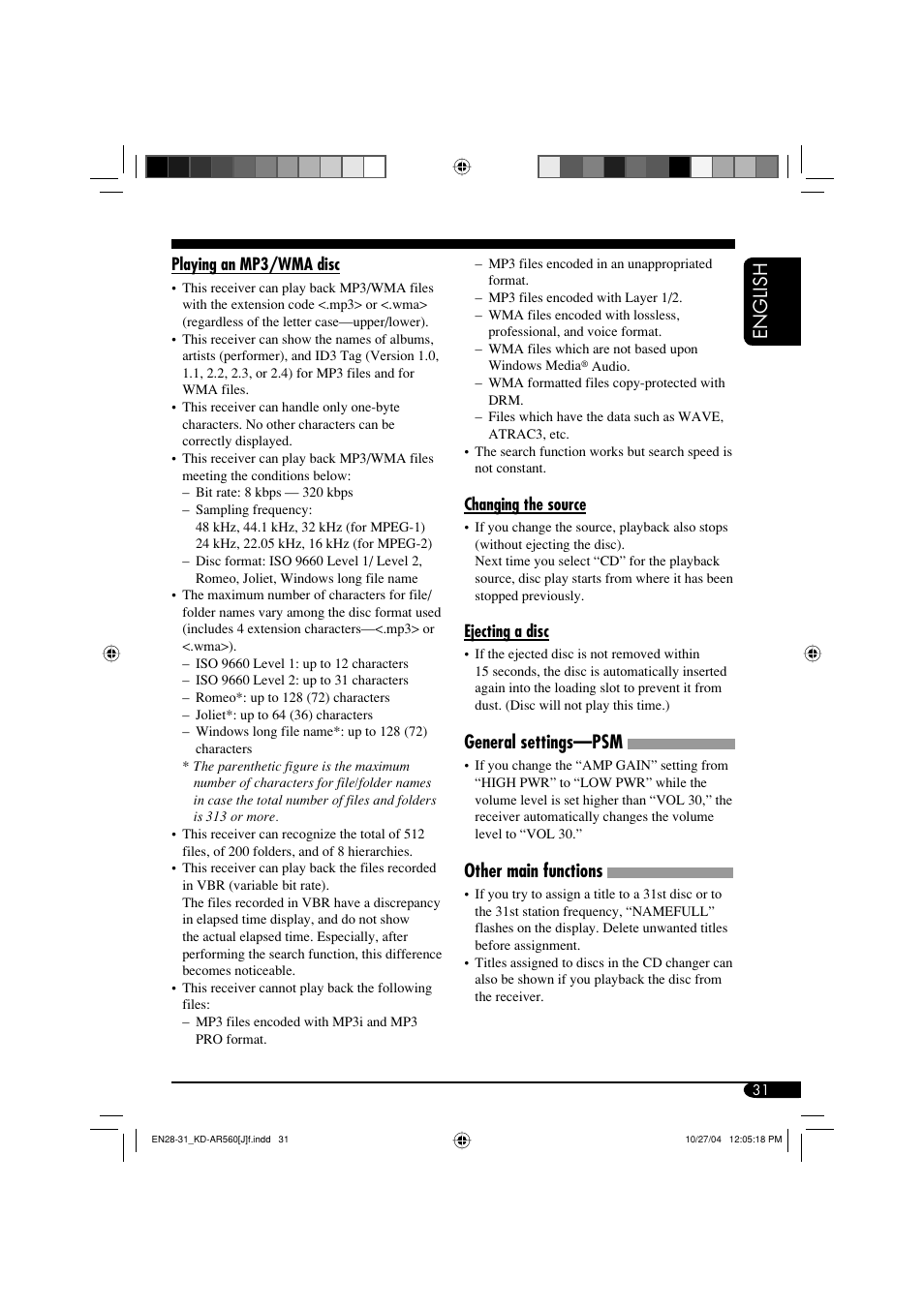 English, General settings—psm, Other main functions | JVC KD-G510 User Manual | Page 31 / 40