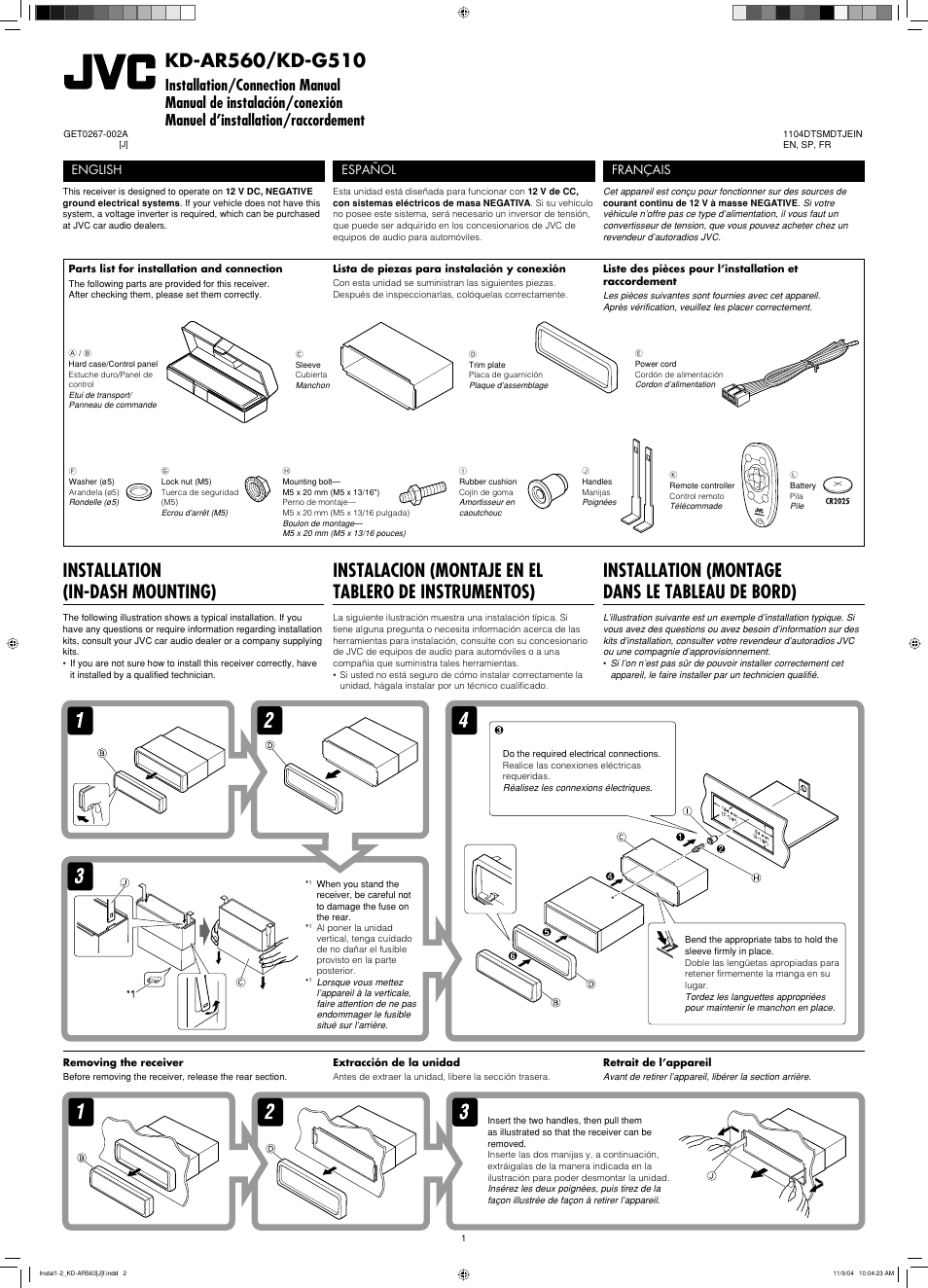 Installation/connection manual, Installation, Installation (in-dash mounting) | Installation (montage dans le tableau de bord), English, Español, Français | JVC KD-G510 User Manual | Page 36 / 40
