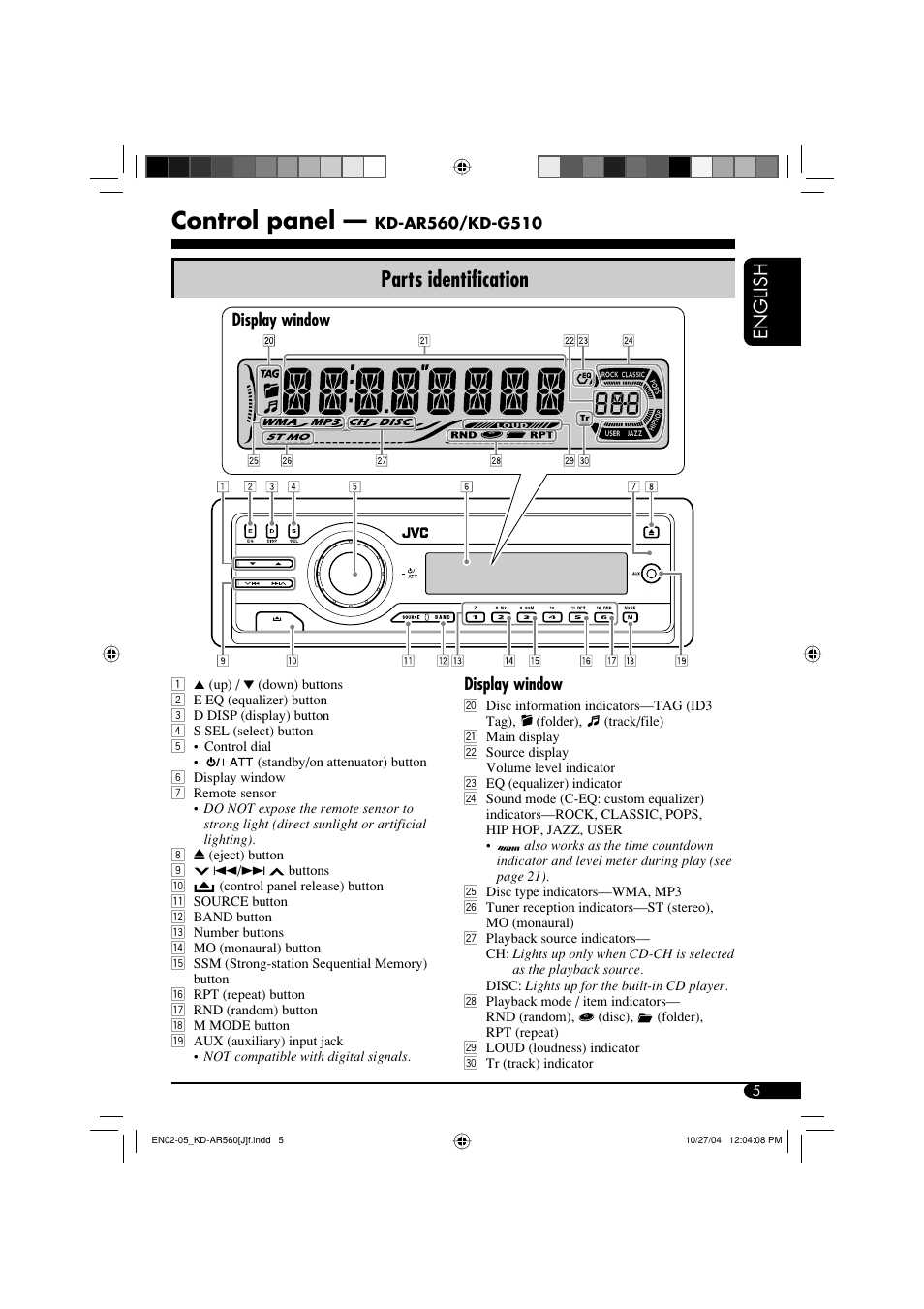 Control panel, Parts identification, English | JVC KD-G510 User Manual | Page 5 / 40