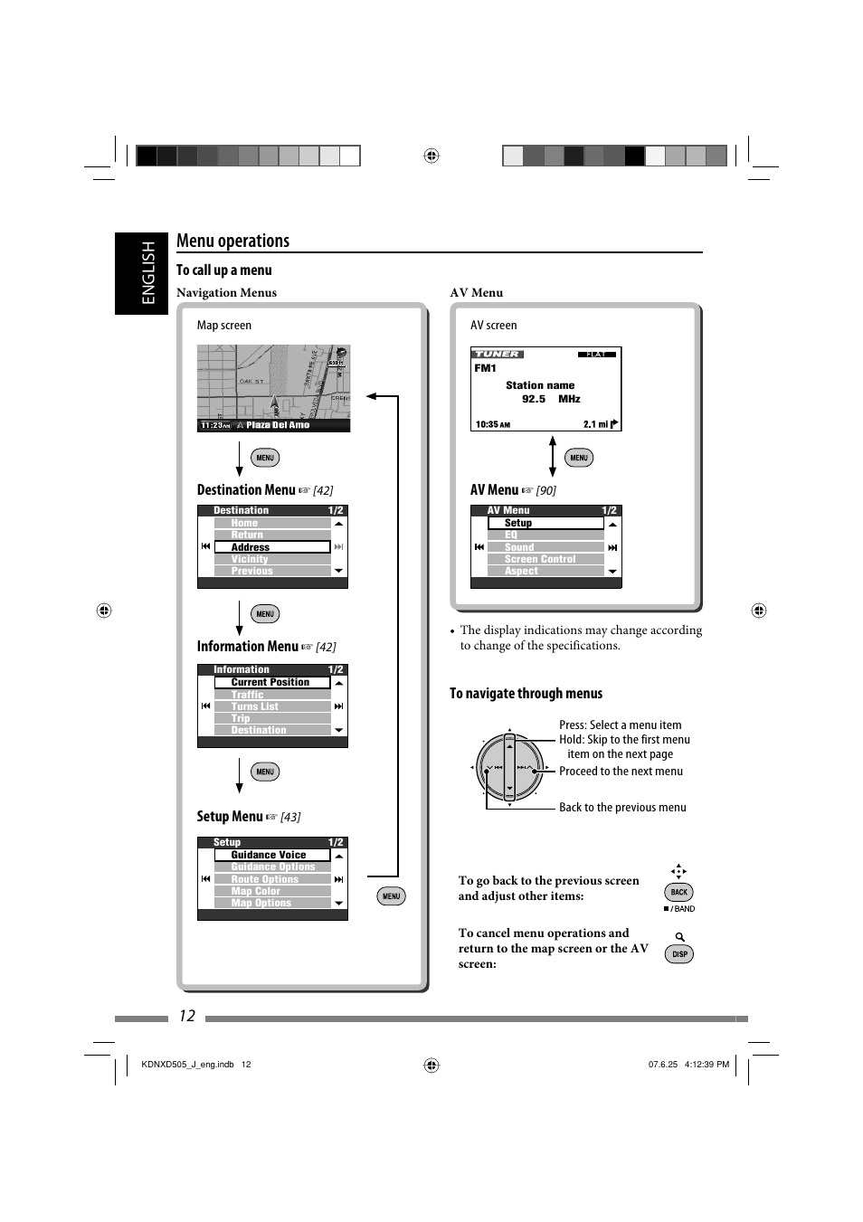 Menu operations, 12 english, Destination menu | Information menu, Setup menu | JVC LVT1774-001A User Manual | Page 12 / 126