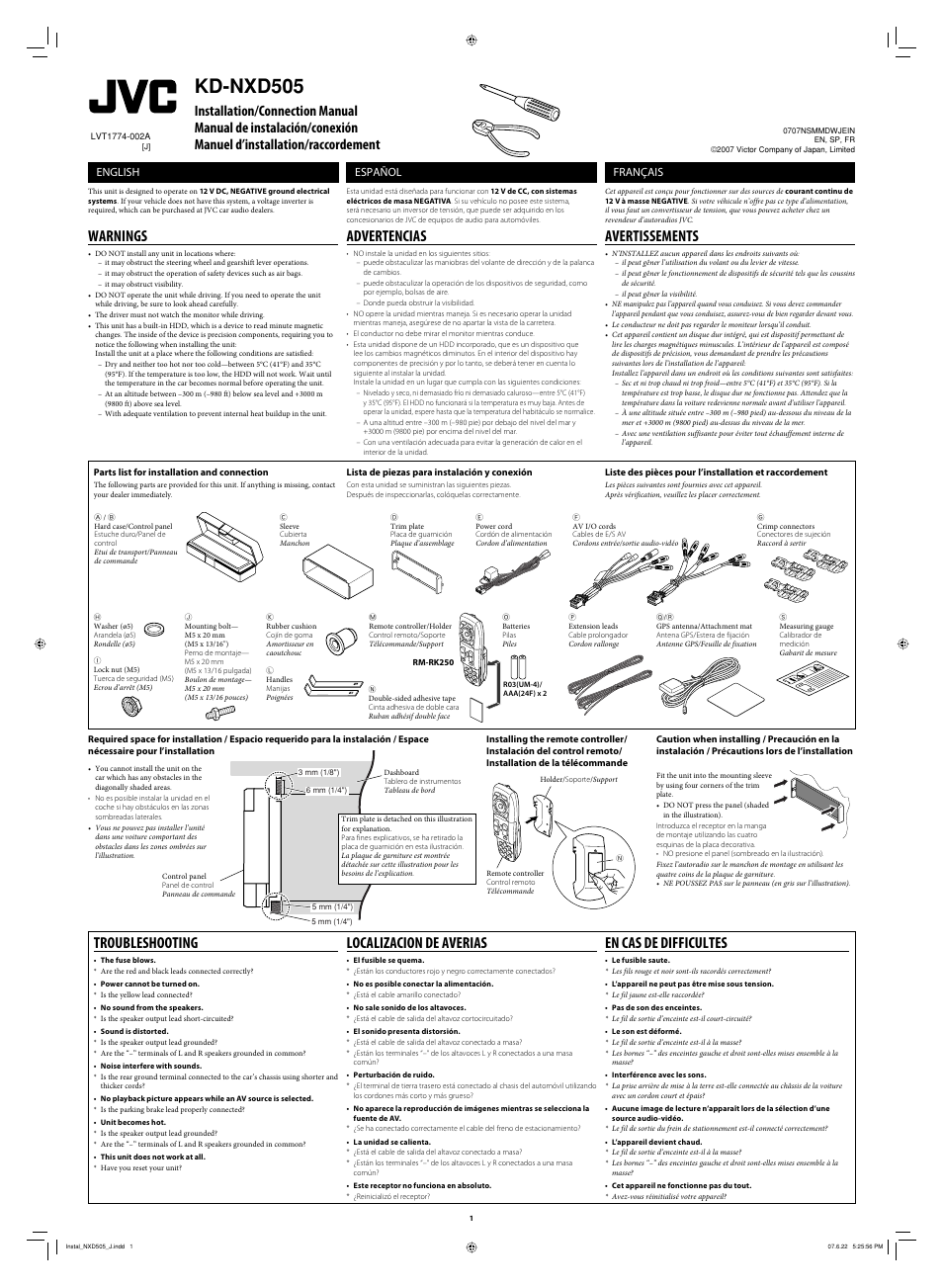 Installation/connection manual, Warnings, Parts list for installation and connection | Troubleshooting, Kd-nxd505, Advertencias, Avertissements, Localizacion de averias, En cas de difficultes, English | JVC LVT1774-001A User Manual | Page 121 / 126