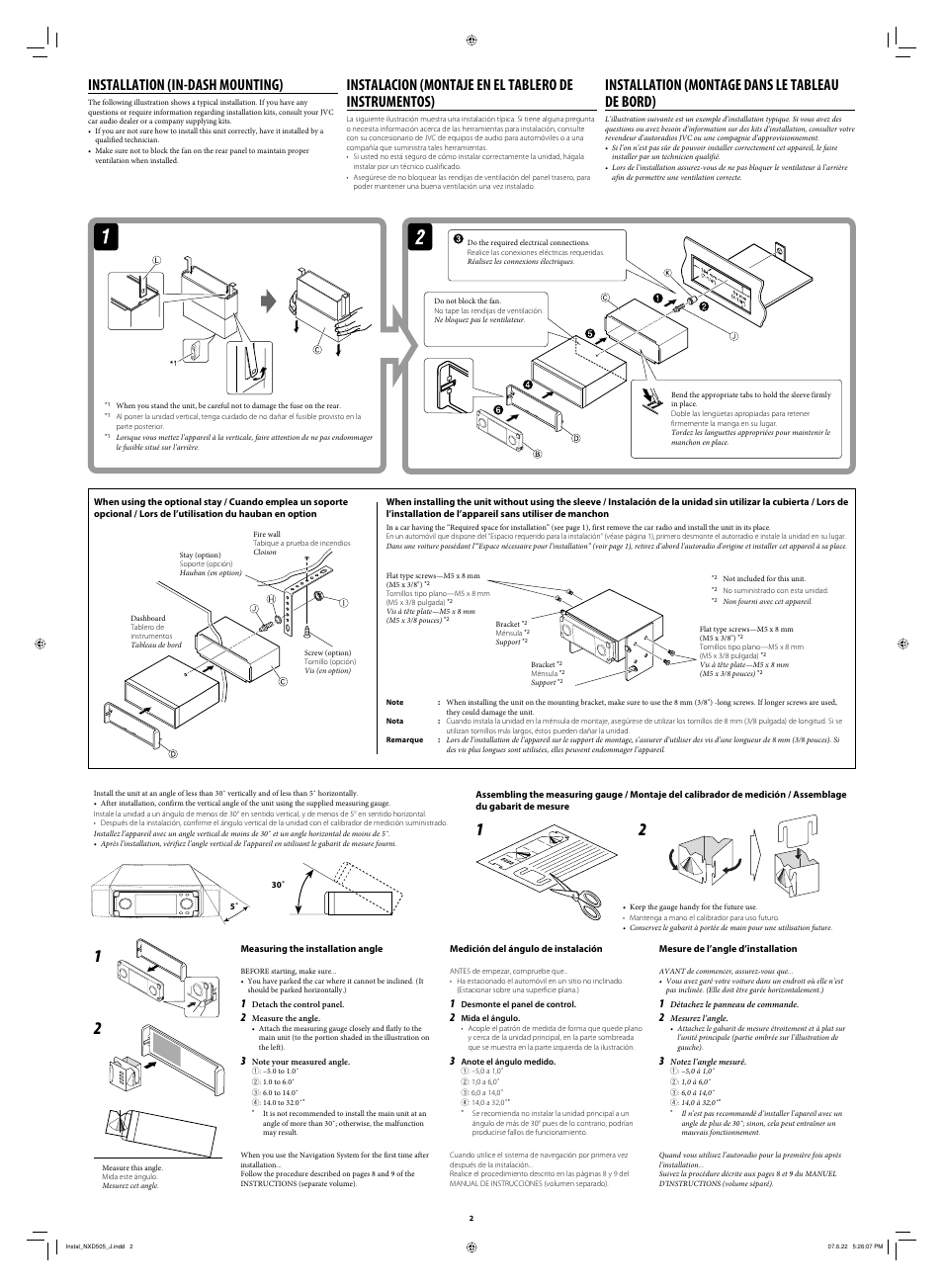 Installation, Installation (in-dash mounting), Installation (montage dans le tableau de bord) | Mesure de l’angle d’installation, Measuring the installation angle, Medición del ángulo de instalación | JVC LVT1774-001A User Manual | Page 122 / 126