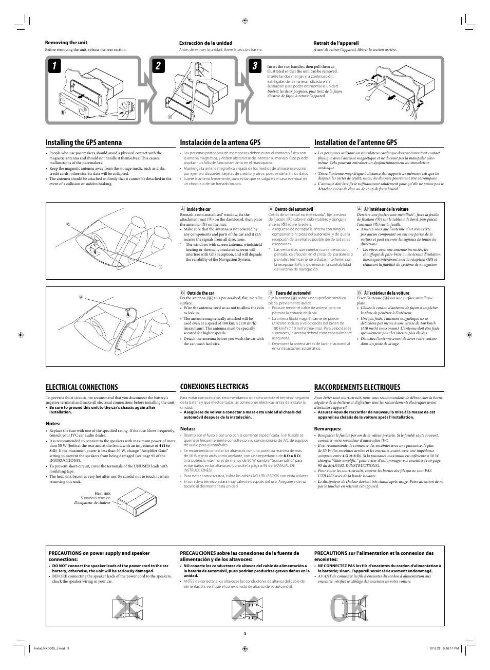 Removing the unit, Installing the gps antenna, Electrical connections | Conexiones electricas, Raccordements electriques, Installation de l’antenne gps, Instalación de la antena gps | JVC LVT1774-001A User Manual | Page 123 / 126