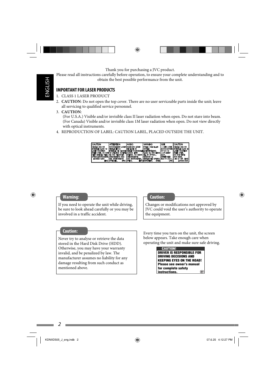 Important for laser products, 2english | JVC LVT1774-001A User Manual | Page 2 / 126