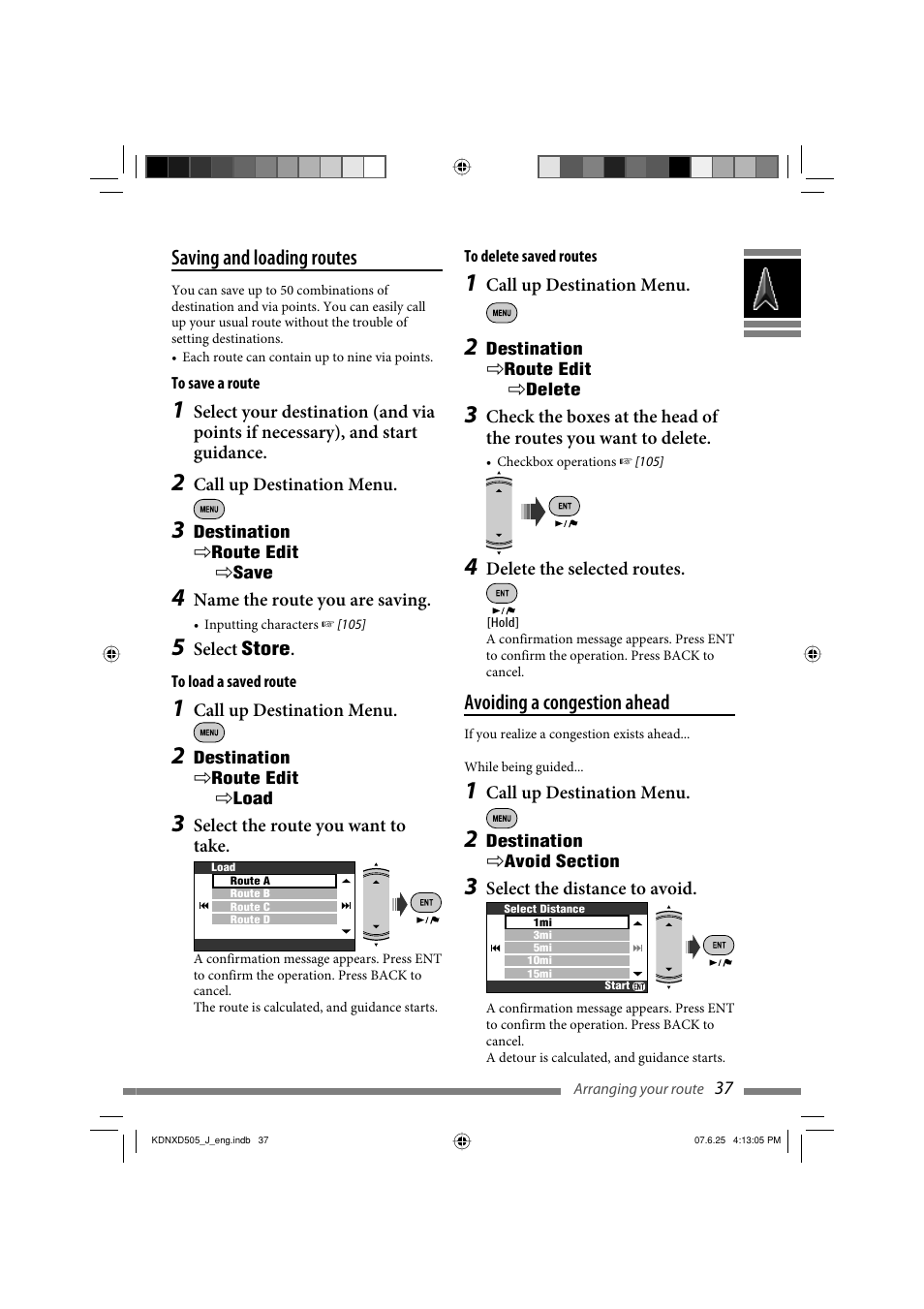 Saving and loading routes, Avoiding a congestion ahead | JVC LVT1774-001A User Manual | Page 37 / 126