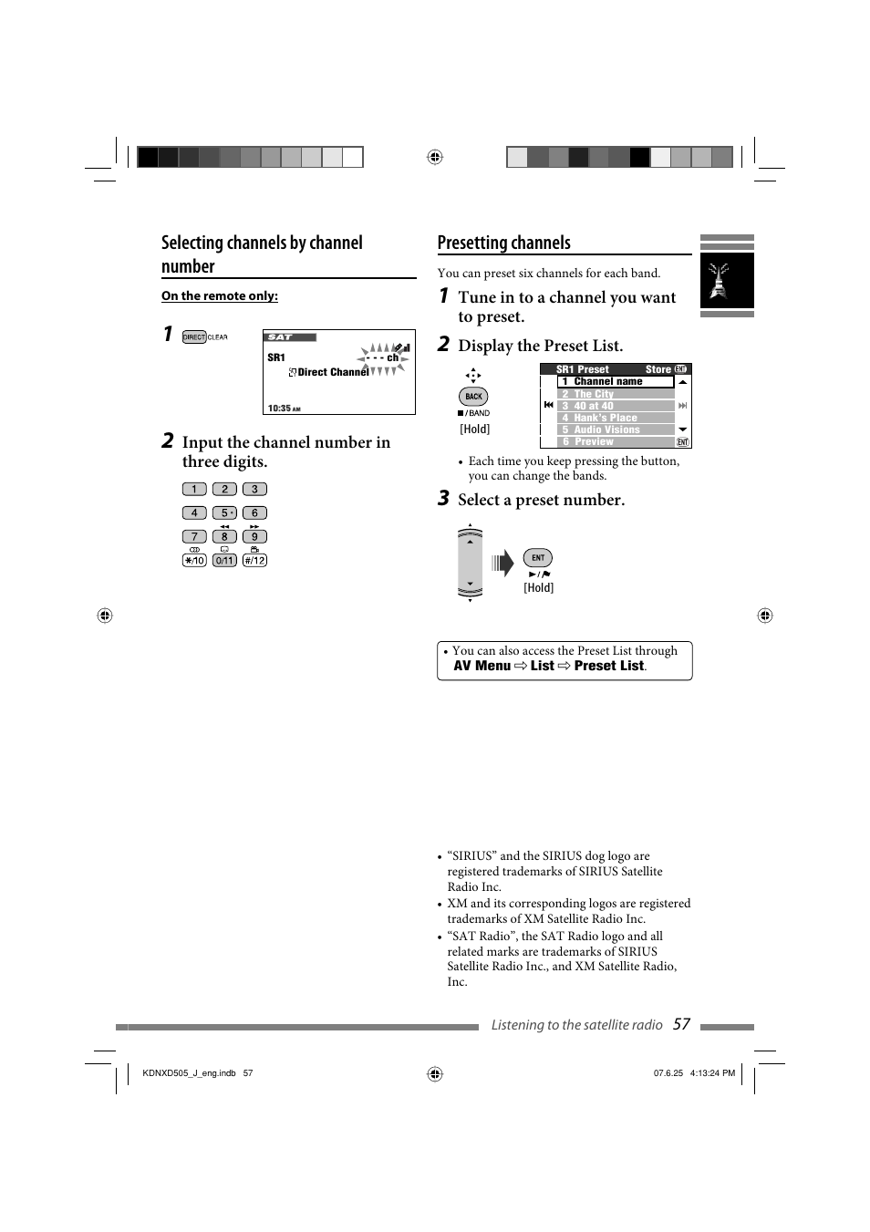 Selecting channels by channel number, Presetting channels, Input the channel number in three digits | Tune in to a channel you want to preset, Display the preset list, Select a preset number | JVC LVT1774-001A User Manual | Page 57 / 126