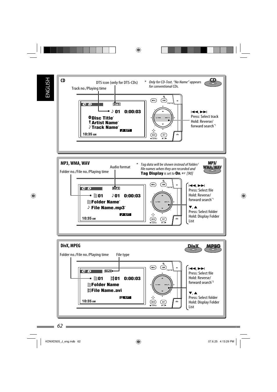 English 62, Divx, mpeg mp3, wma, wav cd | JVC LVT1774-001A User Manual | Page 62 / 126