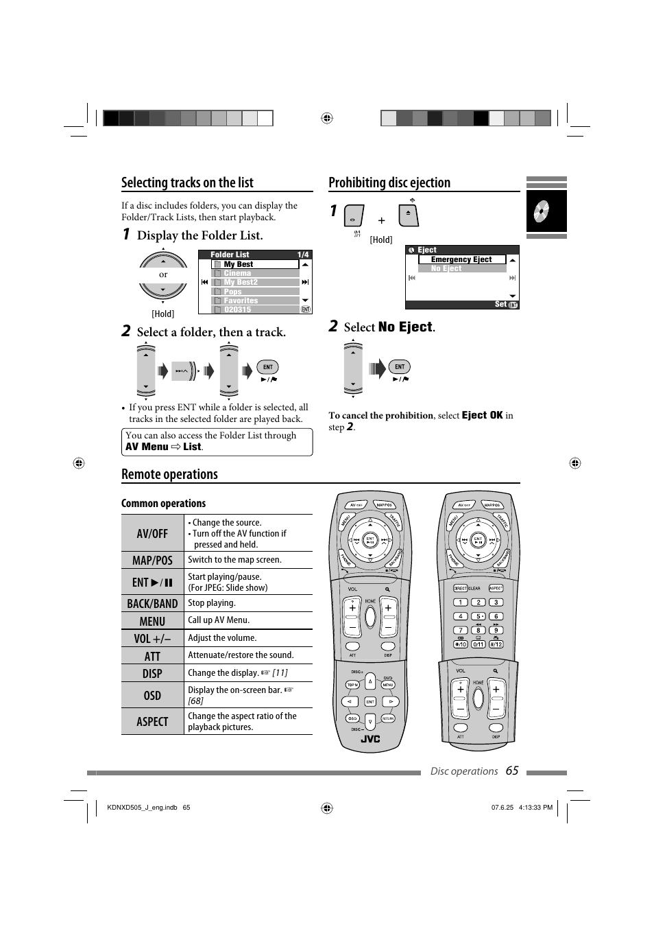 Selecting tracks on the list, Prohibiting disc ejection, Remote operations | JVC LVT1774-001A User Manual | Page 65 / 126