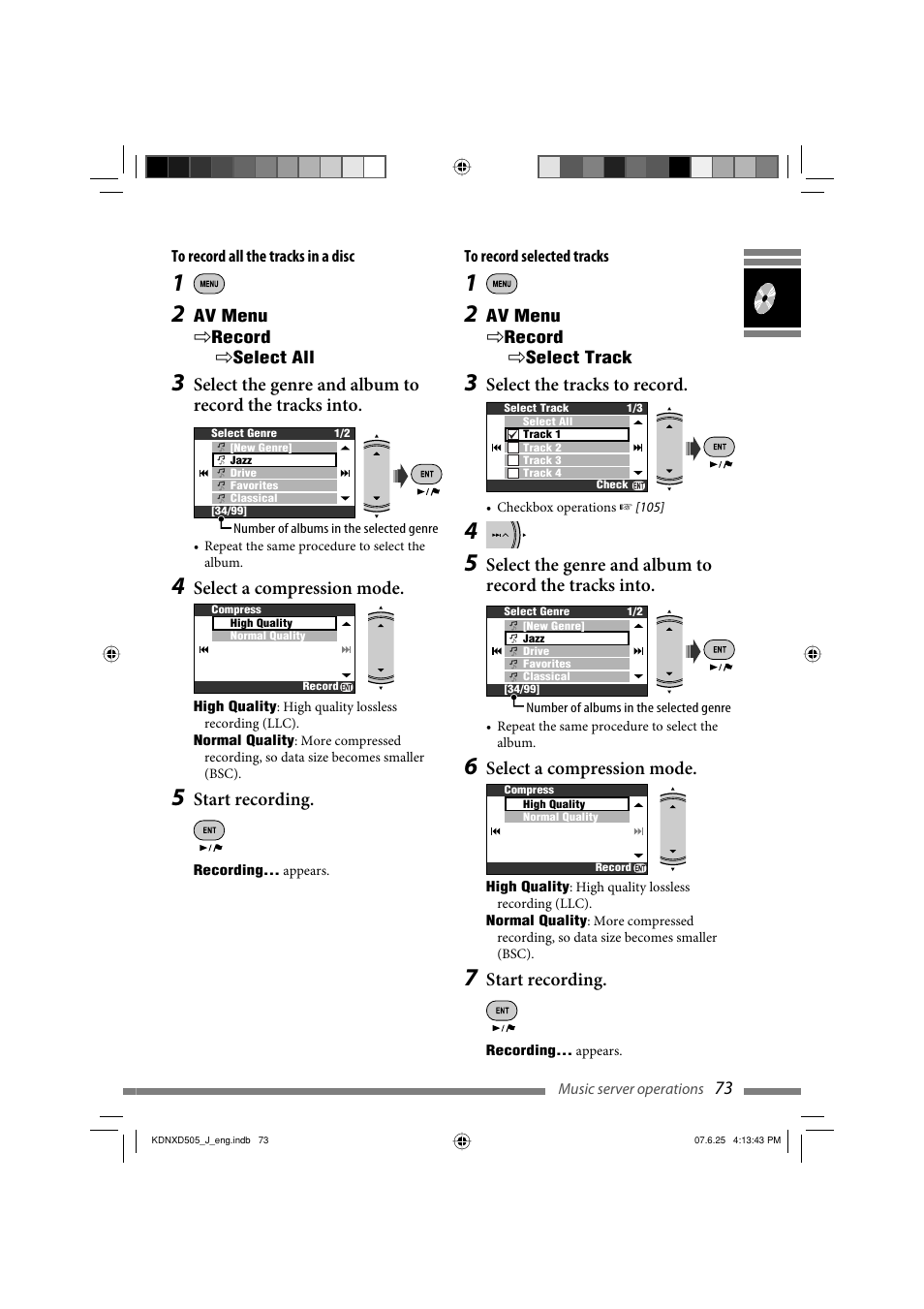 Select the tracks to record, Select a compression mode, Start recording | JVC LVT1774-001A User Manual | Page 73 / 126