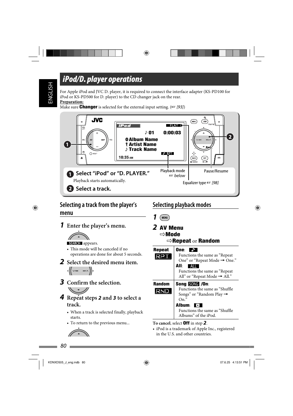 Ipod/d. player operations, Selecting playback modes, Selecting a track from the player’s menu | JVC LVT1774-001A User Manual | Page 80 / 126