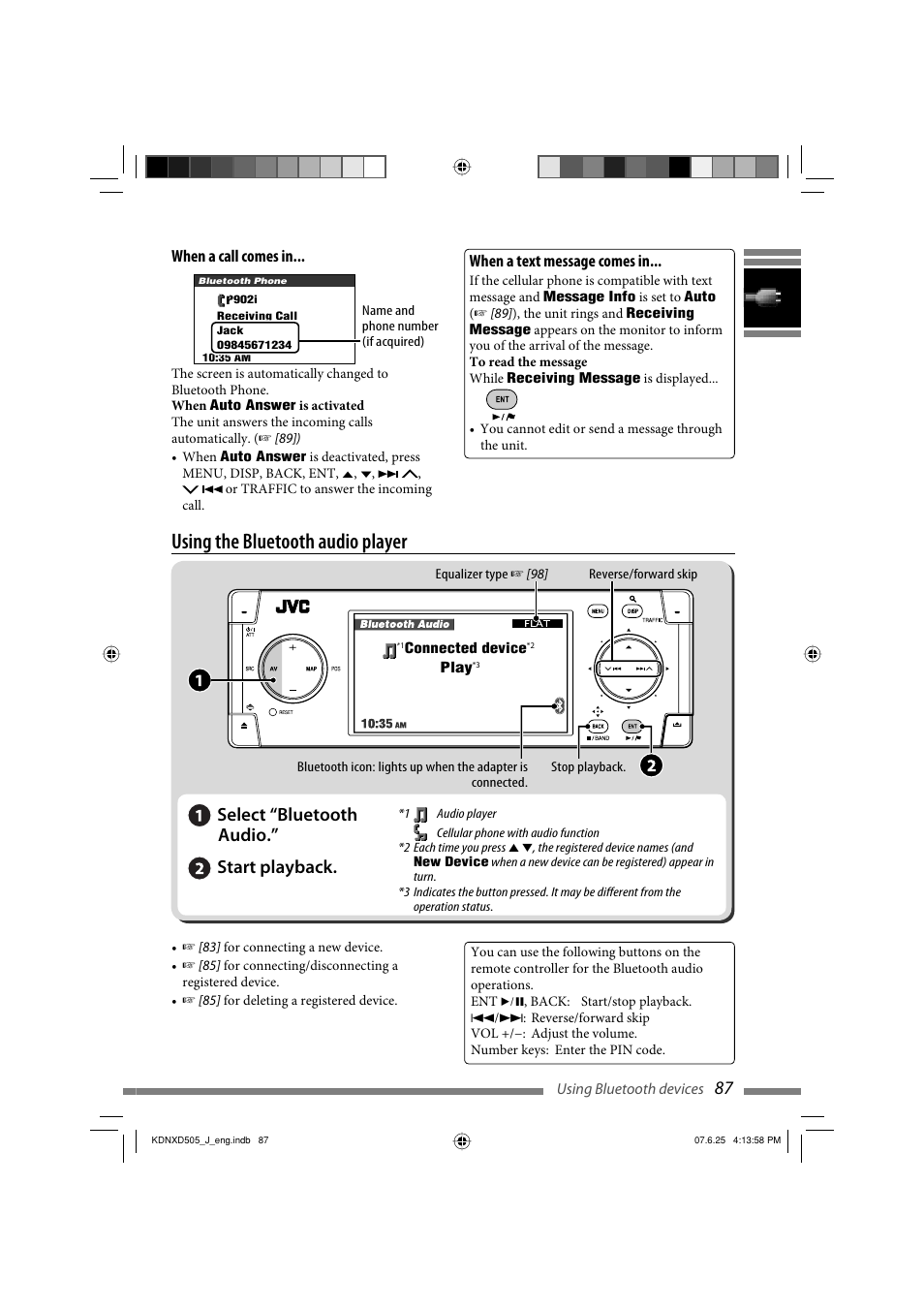 Using the bluetooth audio player, 87 select “bluetooth audio.” start playback, When a call comes in | When a text message comes in | JVC LVT1774-001A User Manual | Page 87 / 126