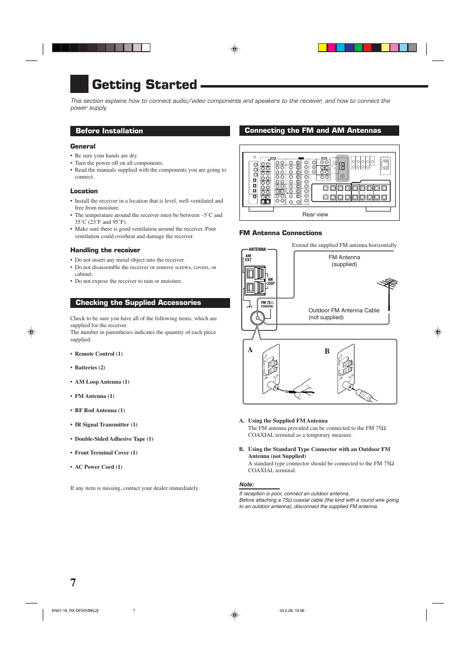 Getting started, Before installation, Checking the supplied accessories | Connecting the fm and am antennas | JVC RX-DP20VBKC User Manual | Page 10 / 90