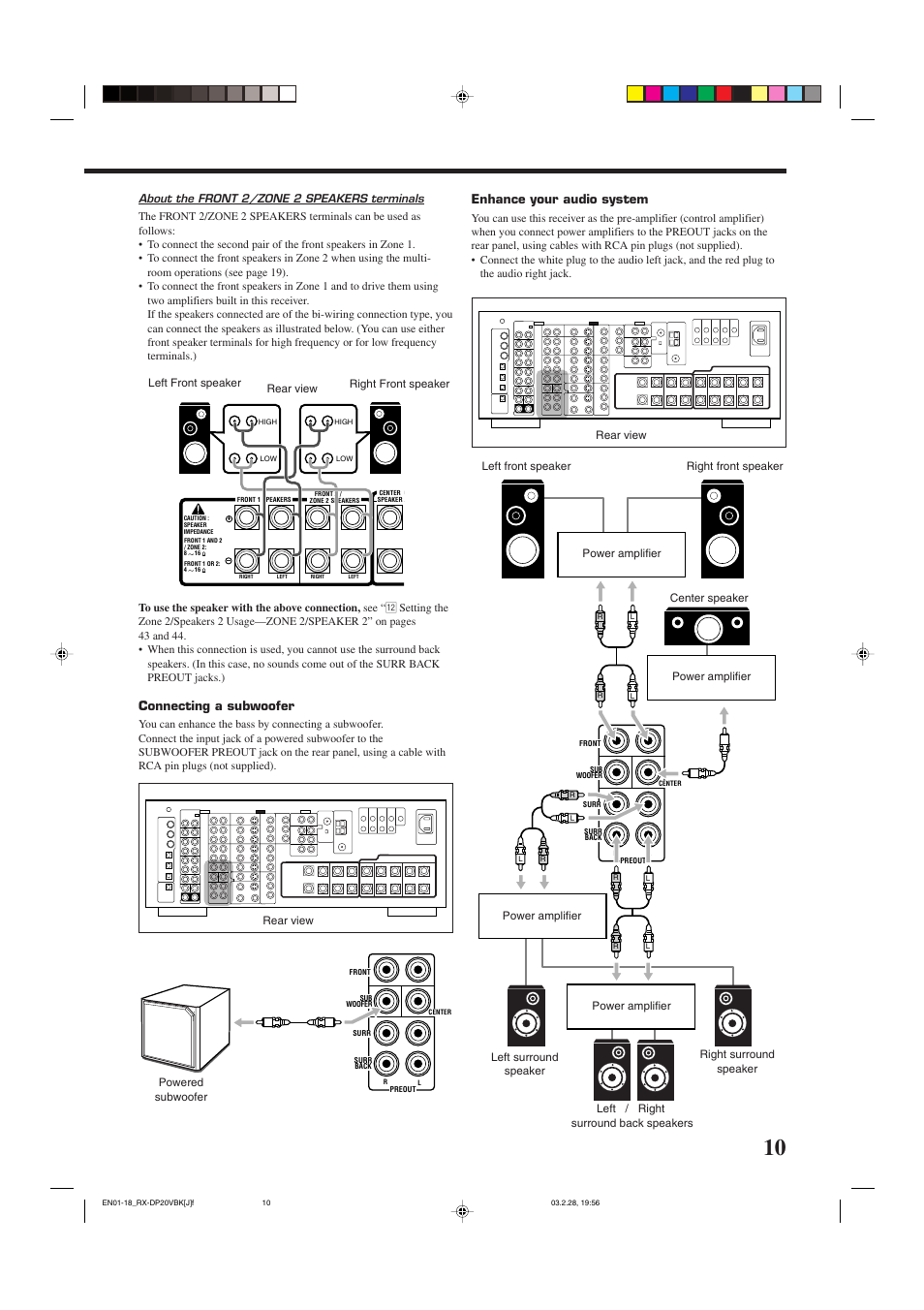 Enhance your audio system, Connecting a subwoofer, About the front 2/zone 2 speakers terminals | JVC RX-DP20VBKC User Manual | Page 13 / 90