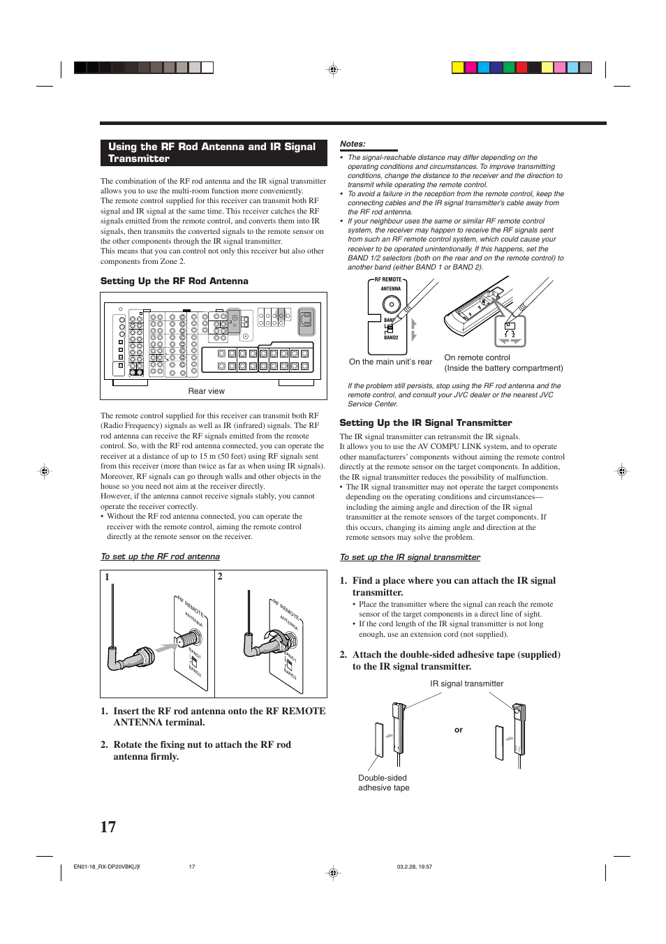 Using the rf rod antenna and ir signal transmitter | JVC RX-DP20VBKC User Manual | Page 20 / 90