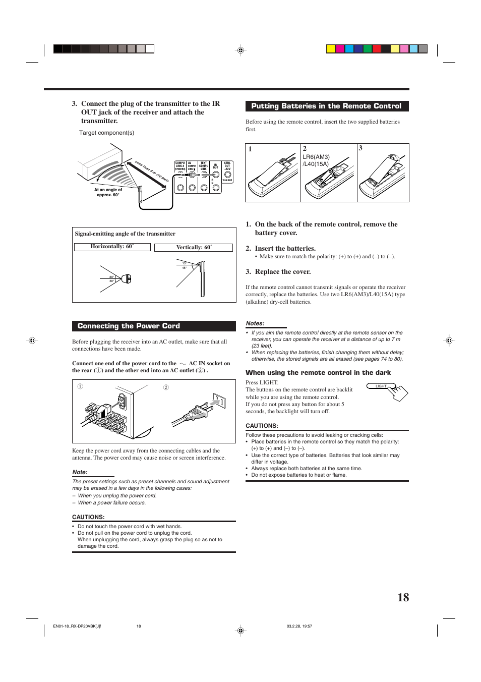 Putting batteries in the remote control, Replace the cover, Connecting the power cord | JVC RX-DP20VBKC User Manual | Page 21 / 90