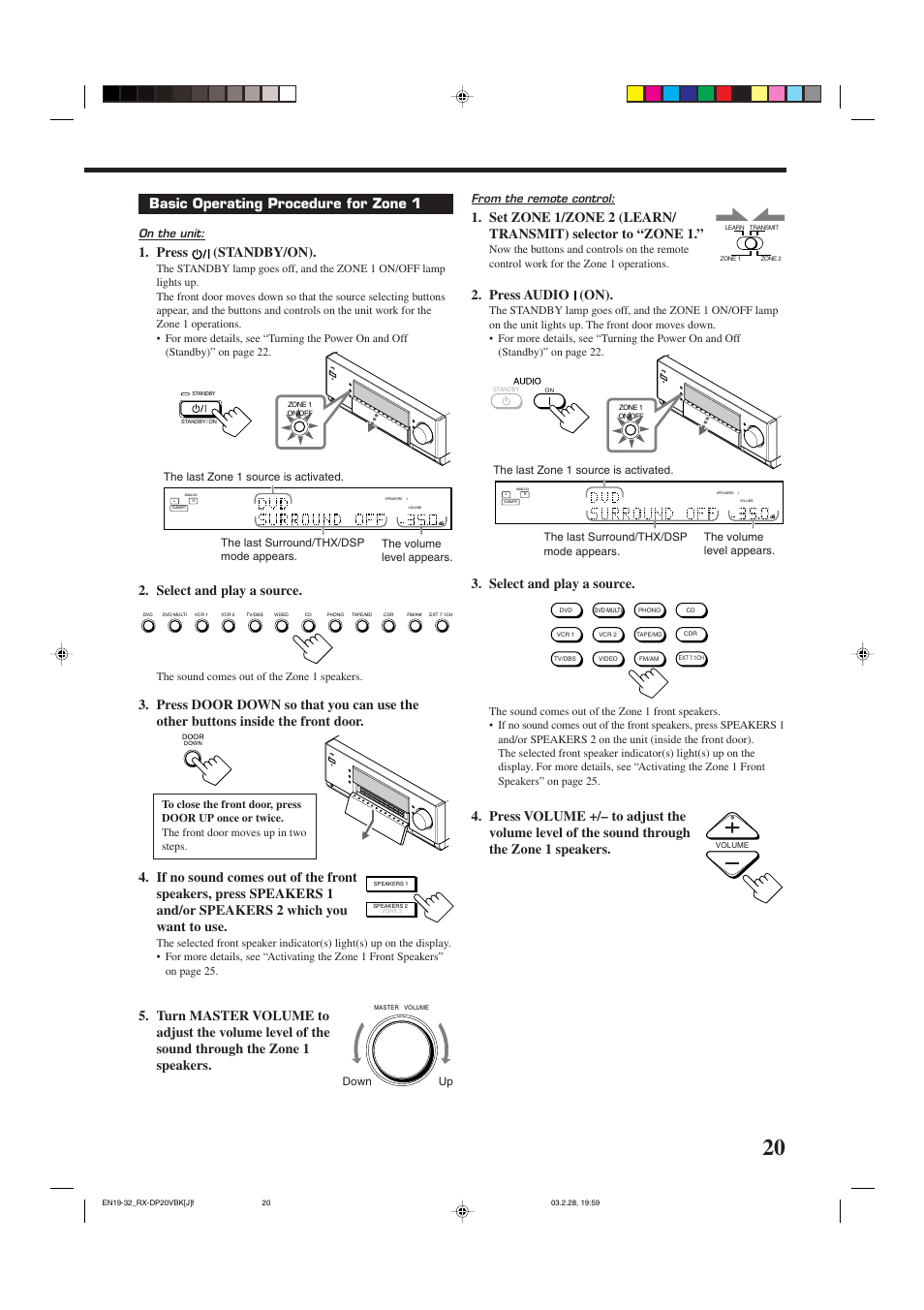 Basic operating procedure for zone 1, Press (standby/on), Select and play a source | Press audio (on), On the unit | JVC RX-DP20VBKC User Manual | Page 23 / 90