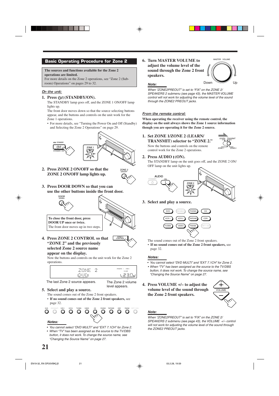 Basic operating procedure for zone 2, Press (standby/on), Select and play a source | Press audio (on) | JVC RX-DP20VBKC User Manual | Page 24 / 90