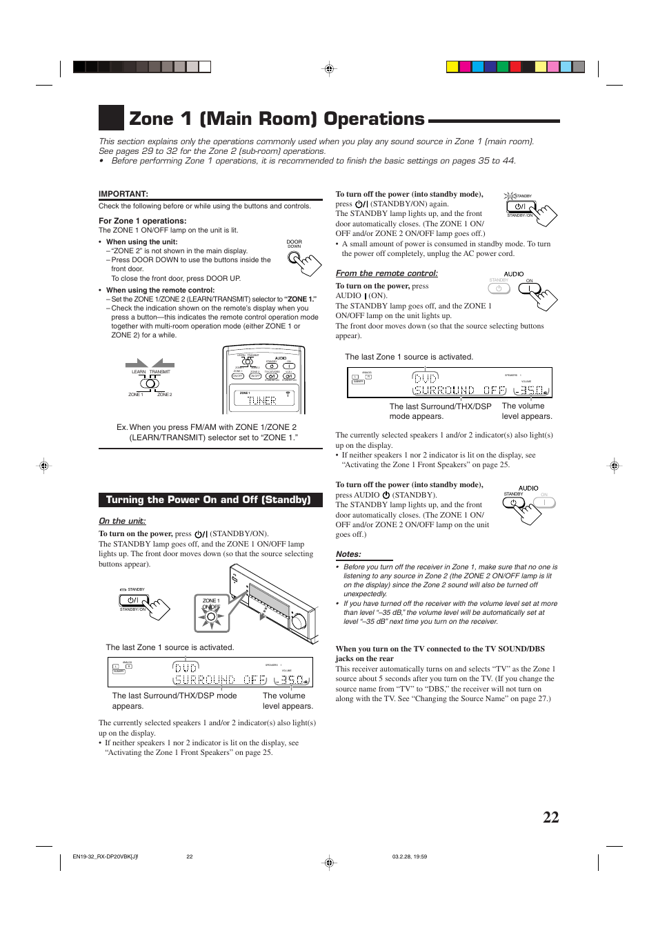 Zone 1 (main room) operations, Turning the power on and off (standby), On the unit | JVC RX-DP20VBKC User Manual | Page 25 / 90