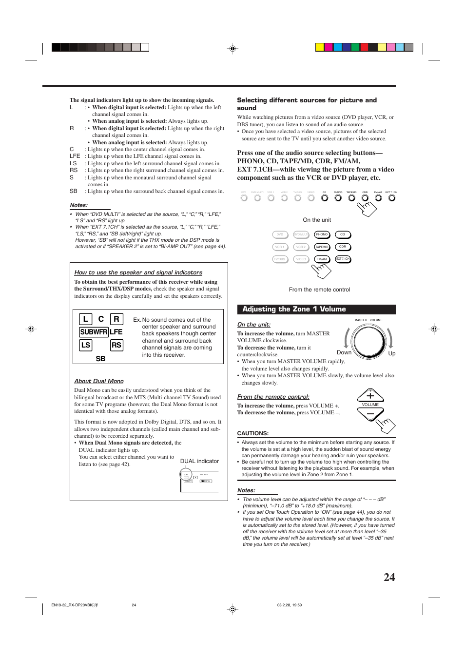 Lc r, Lfe subwfr, Ls rs sb | Selecting different sources for picture and sound | JVC RX-DP20VBKC User Manual | Page 27 / 90