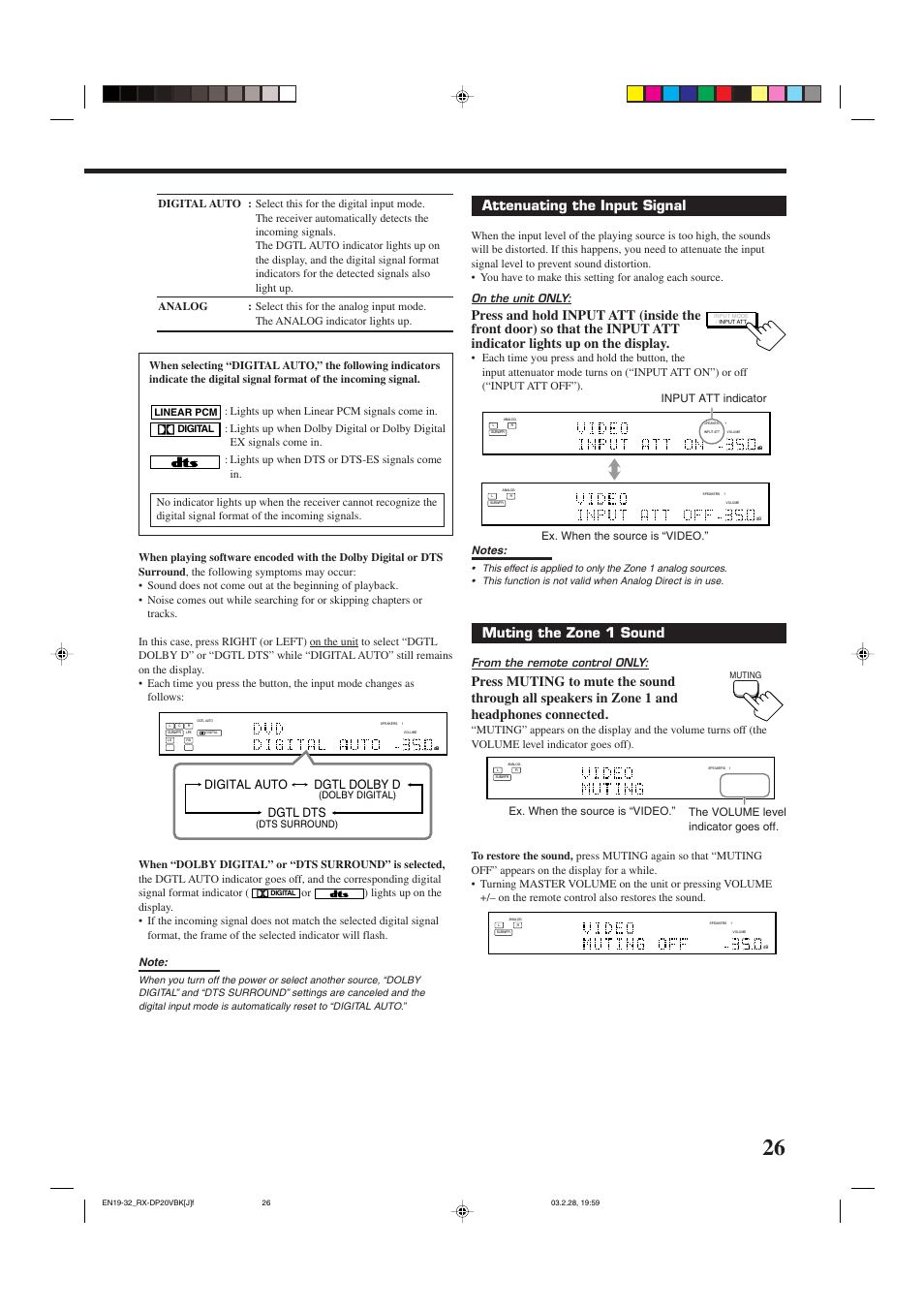 Attenuating the input signal, Muting the zone 1 sound, Digital auto dgtl dolby d | Dgtl dts, On the unit only, Lights up when linear pcm signals come in, Ex. when the source is “video, The volume level indicator goes off | JVC RX-DP20VBKC User Manual | Page 29 / 90