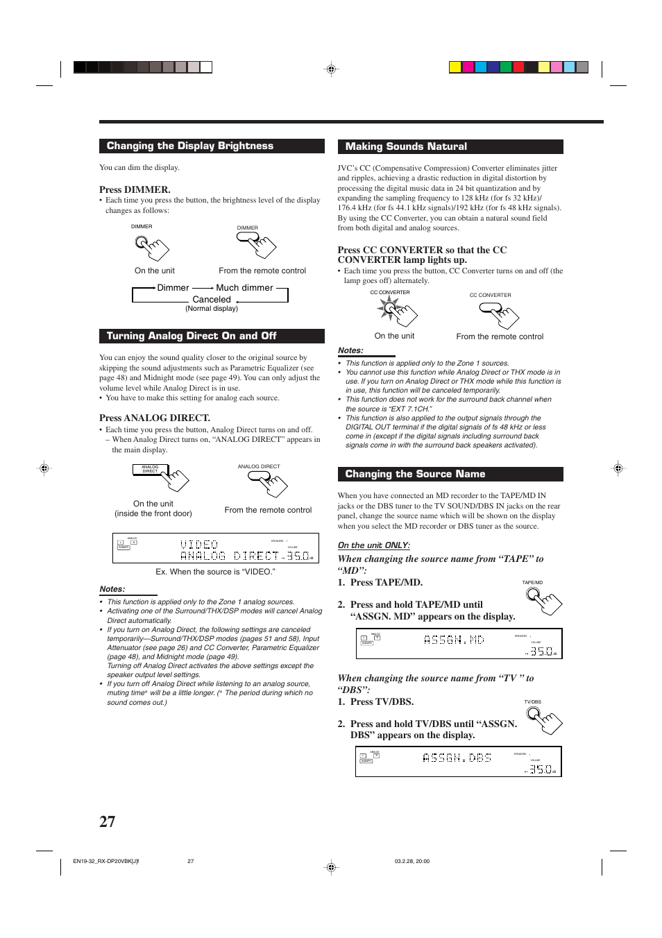 Changing the display brightness, Press dimmer, Turning analog direct on and off | Press analog direct, Making sounds natural, Changing the source name, Dimmer much dimmer canceled | JVC RX-DP20VBKC User Manual | Page 30 / 90