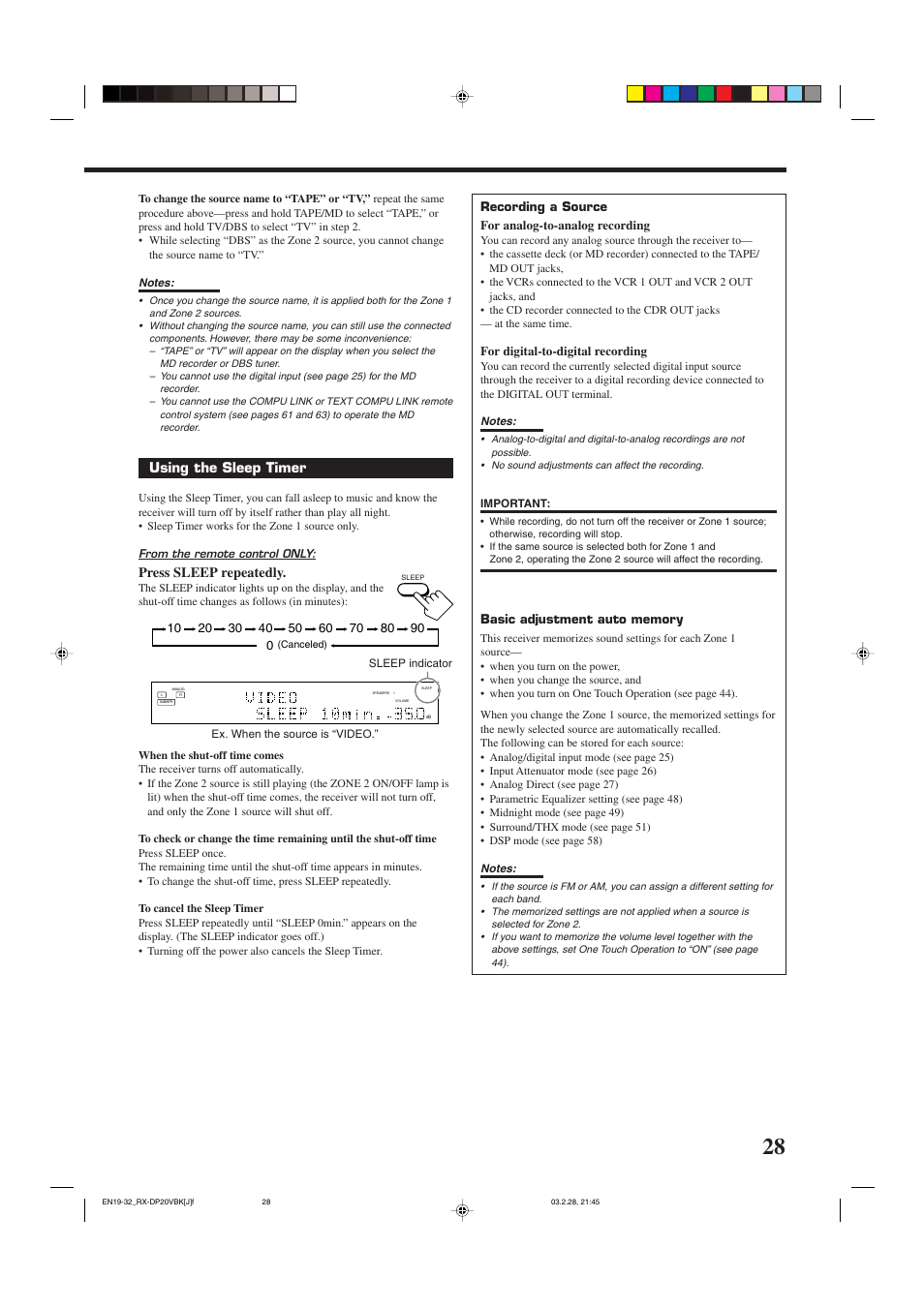 Using the sleep timer, Press sleep repeatedly | JVC RX-DP20VBKC User Manual | Page 31 / 90