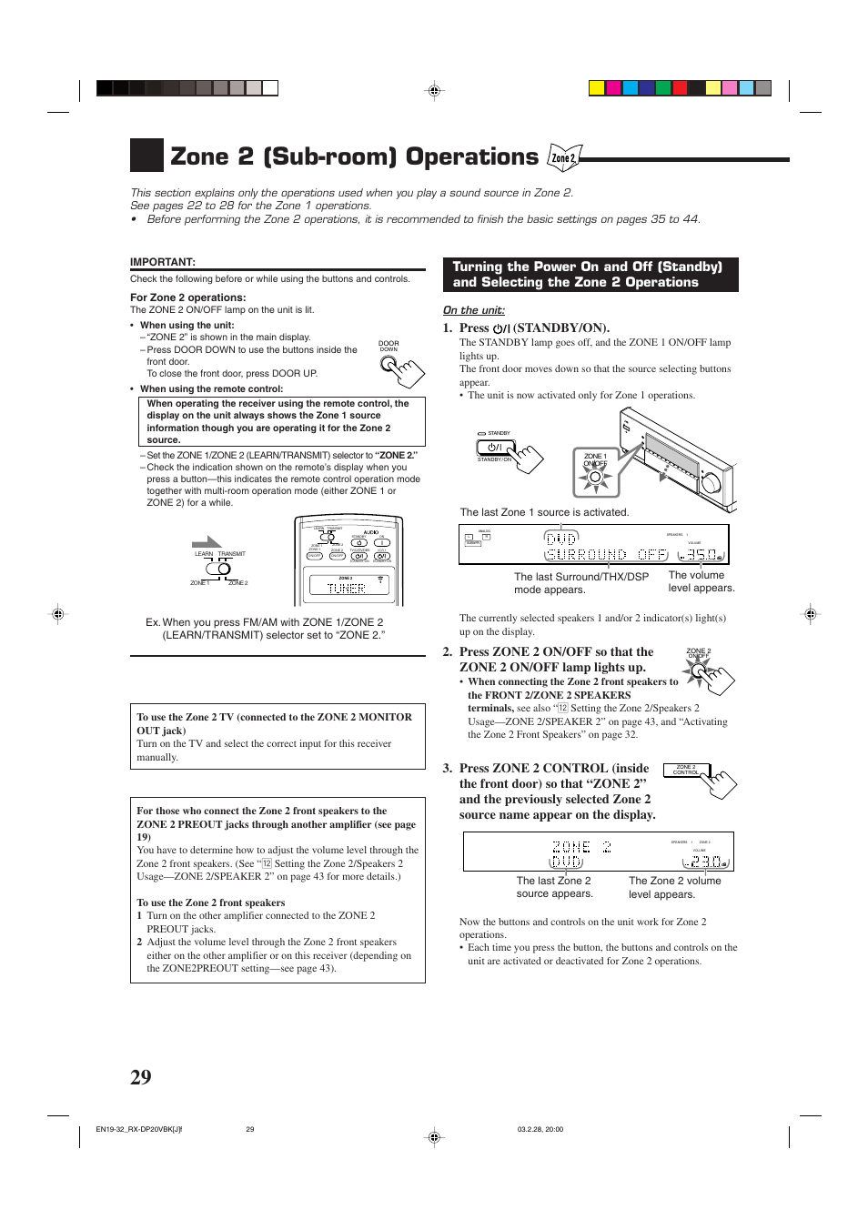 Zone 2 (sub-room) operations, Press (standby/on), On the unit | JVC RX-DP20VBKC User Manual | Page 32 / 90