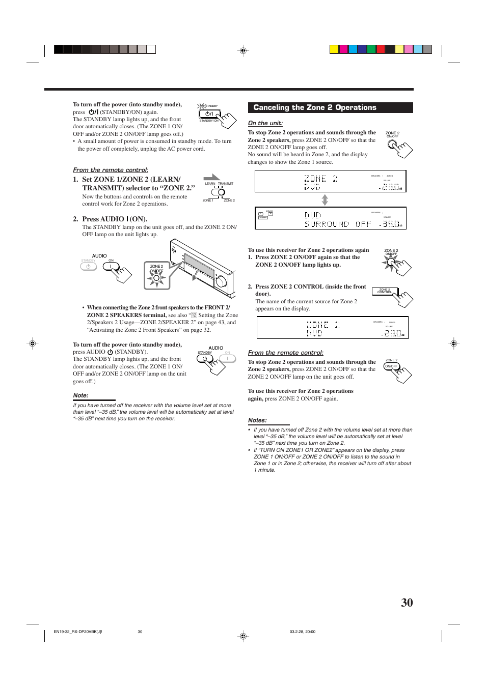 Press audio (on), Canceling the zone 2 operations, On the unit | JVC RX-DP20VBKC User Manual | Page 33 / 90