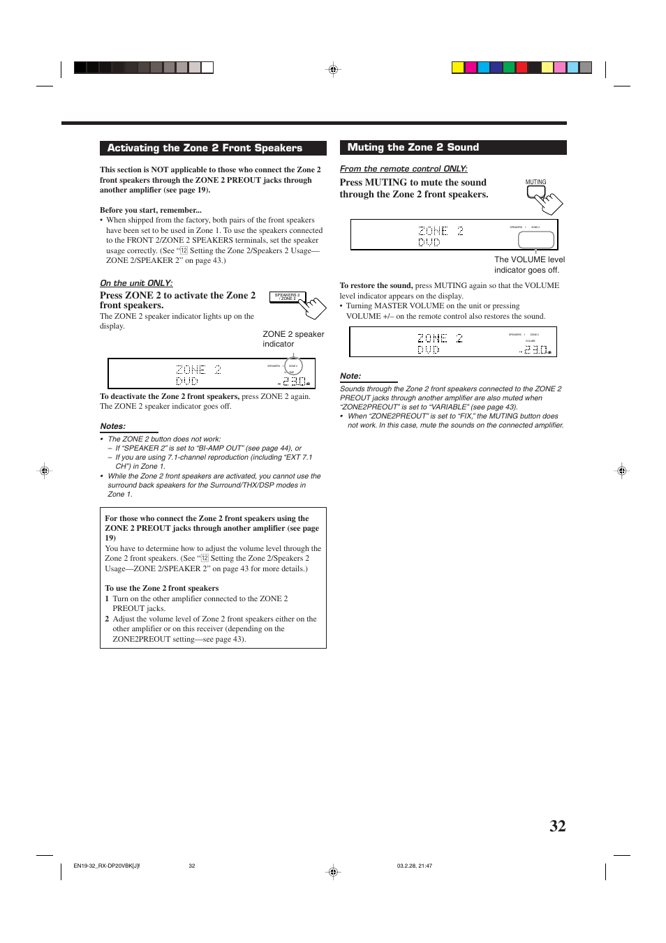 Activating the zone 2 front speakers, Press zone 2 to activate the zone 2 front speakers, Muting the zone 2 sound | JVC RX-DP20VBKC User Manual | Page 35 / 90